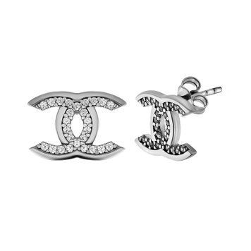 Срібні сережки-пусети гвоздики "CHANEL" з білими (прозорими) &nbsp;фіанітами 11х14мм (420739)  420739 фото